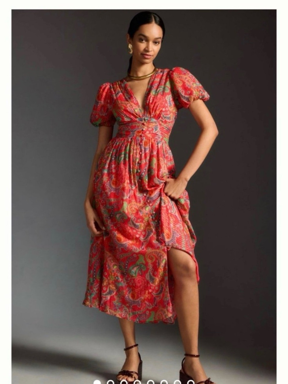 Anthropologie The Katerina Lurex Button-Front Midi Dress Red Paisley V-Neck Puff